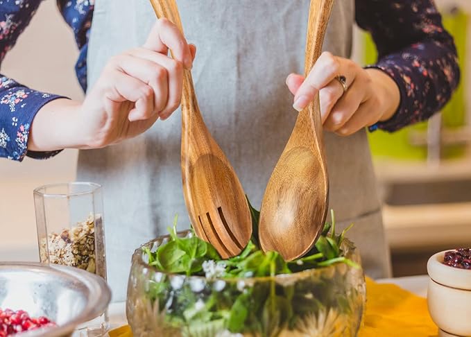 Salad Servers, Wood Salad Tongs, 10.2in Salad Spoon and Fork Set, Long Handle Salad Server Set for Mixing, Tossing and Cooking (Salad Spoon and Fork Set)