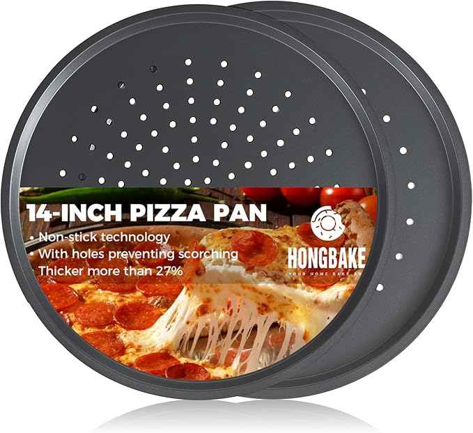HONGBAKE 14.8 Inch Pizza Pan with Holes, 2 Pack Non-Stick Pizza Pan for Oven, Carbon Steel Perforated Pizza Tray, Crispy Pizza Set, Round Baking Sheet for Frozen & Homemade Pizza, Grey