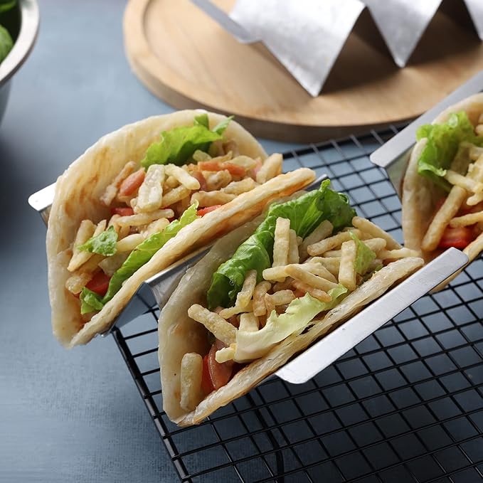 Taco Holder Set of 4 Packs Stainless Steel Taco Holders Stand Taco Tray Shell Holders - Each Rack Holds Up to 2 Tacos - Oven, Grill & Dishwasher Safe