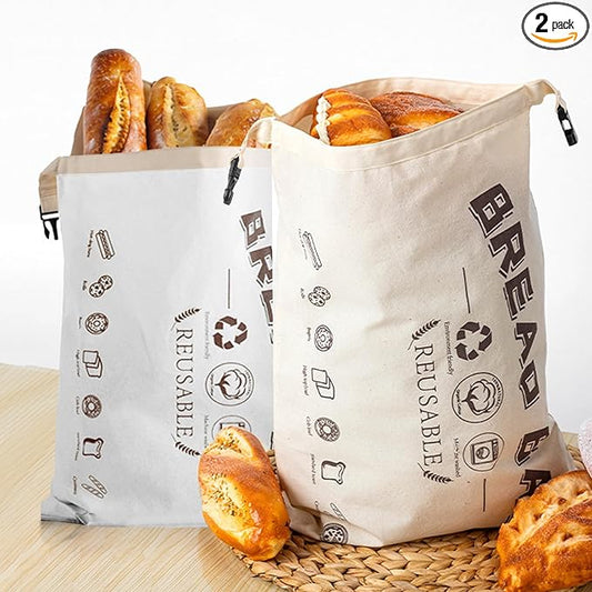 2-Pack Bread Bags, Reusable Bread Bags for Homemade Bread, Buckle Closure,Fresh Keeping Extra Large Bags, Food Bag (Mix colour)