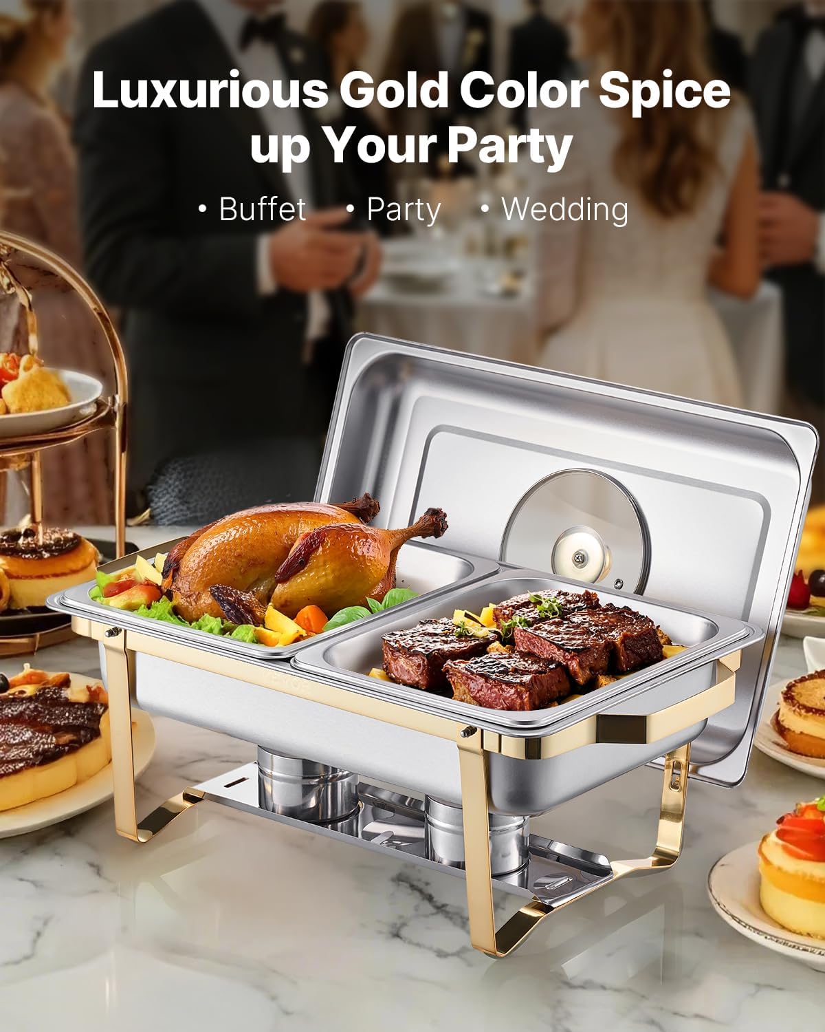 VEVOR Chafing Dish Buffet Set,8 Qt 2 Pack, Stainless Steel Chafer with 4 Half Size Pans, Rectangle Catering Warmer Server with Glass Lid Water Pan Folding Stand Fuel Holder, for Wedding Party Banquet
