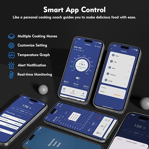 Aurasky Wireless Smart Meat Thermometer, Accurate Temperature Detection Probe, 500FT Remote Monitoring, Dual Alarm, Cooking Meat Thermometer Wireless for Grilling, Smoking, Oven, BBQ, Rotisserie