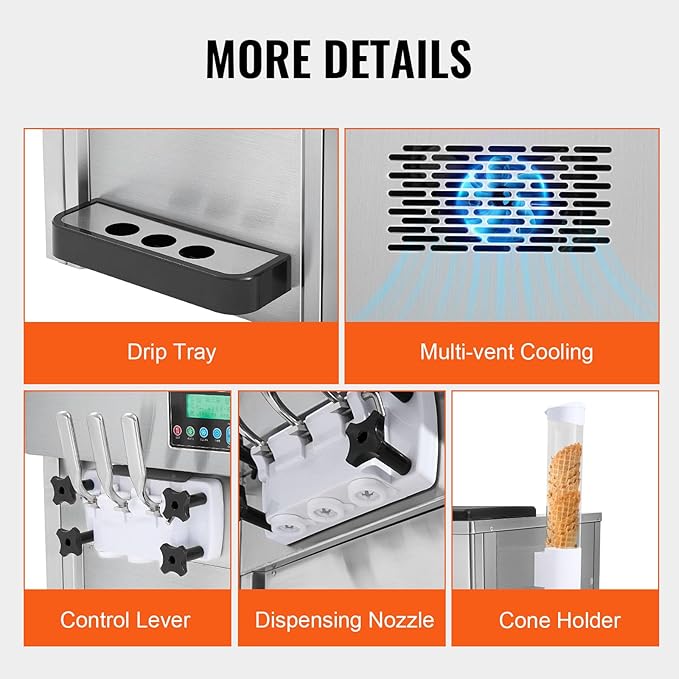 VEVOR Commercial Ice Cream Machine, 21 QT/H Yield, 1800W 3-Flavor Countertop Soft Serve Ice Cream Maker, 2 x 4L Hopper 2 x 1.8L Cylinder, LCD Panel Auto Clean Pre-cooling, for Restaurant Snack Bar