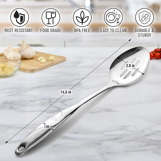 Zulay Kitchen Stainless Steel Slotted Spoon - Large Cooking Spoon - Durable Premium Stainless Steel with Comfortable, Ergonomic Handle - Easy to Clean - Perfect for At Home Cooking & Buffets - 15”