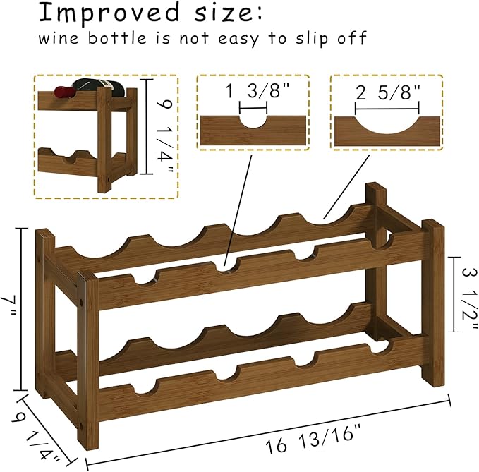BAMEOS Bamboo Wine Rack, 2 Tier Wine Racks Countertop Storage, Wine Bottle Holder Wine Rack freestanding Floor for Kitchen, Bar, Pantry, Wine Cellar, Basement,Study，Maroon (16.85 L x 9.25W x 7H)