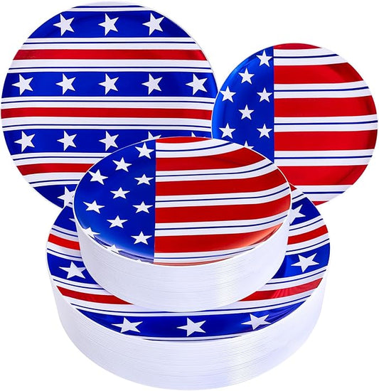 FLOWERCAT 60PCS 4th of July Plates & Red White Blue Plates for Independence Day, Memorial Day - American Flag Plastic Plates Include 30PCS 10.25inch Dinner Plates and 30PCS 7.5inch Dessert Plates