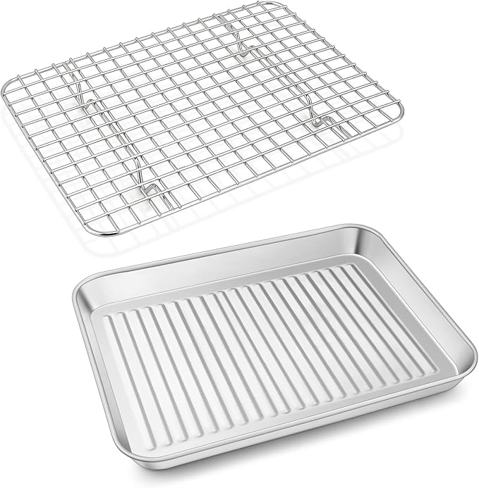 P&P CHEF Baking Oven Pan with Wire Rack, Stainless Steel Baking Oven Sheet Tray, Bacon Pan and Cooling Rack for Cooking Roasting Cookie, Dishwasher Safe & Easy Clean, 10.5 x 8 x 1 Inch