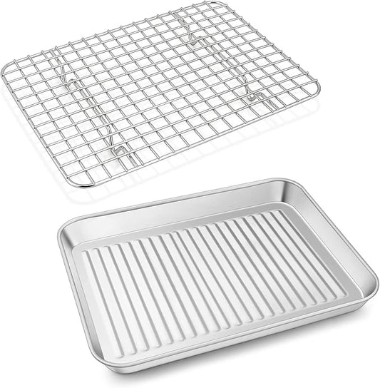P&P CHEF Baking Oven Pan with Wire Rack, Stainless Steel Baking Oven Sheet Tray, Bacon Pan and Cooling Rack for Cooking Roasting Cookie, Dishwasher Safe & Easy Clean, 10.5 x 8 x 1 Inch