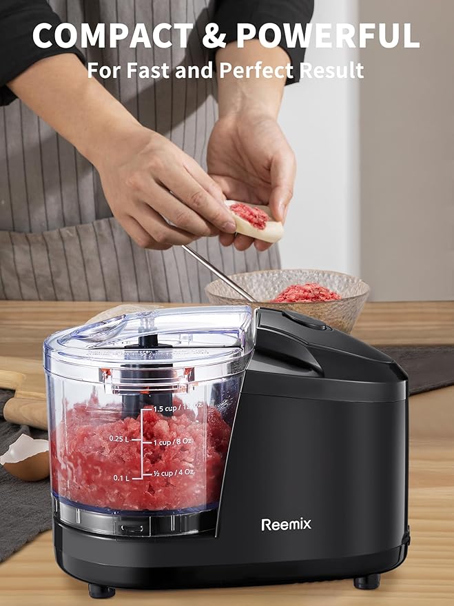 1.5-Cup One-Touch Electric Food Chopper, 100W Mini Food Processor Meat Grinder, Mix, Chop, Mince and Blend Vegetables, Fruits, Nuts, Meats, Stainless Steel Blade (Black)