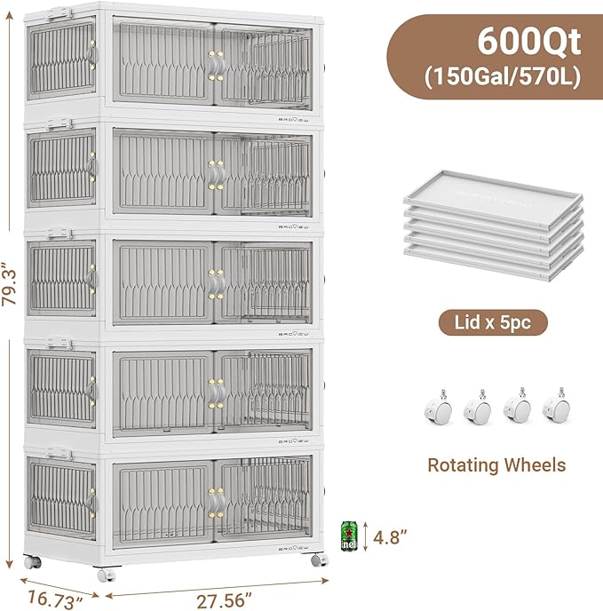 600QT Large Stackable Storage Bins with Lids, Plastic Closet Organizer and Storage Drawer, Collapsible Storage Box with Wheels, Folding Storage Cabinet with Doors for Home Kitchen, 5Pack White