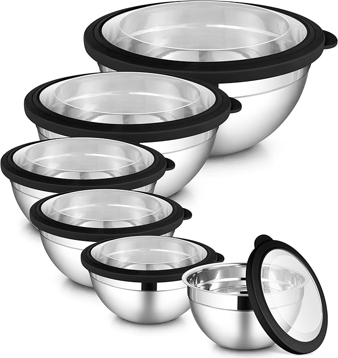 LIANYU Stainless Steel Mixing Bowls Sets of 6, Large Metal Nesting Bowl Sets for Home Kitchen, 7, 3.5, 2.5, 2, 1.5, 1QT Size with Transparent Airtight Lids, Dishwasher & Freezer Safe, Black