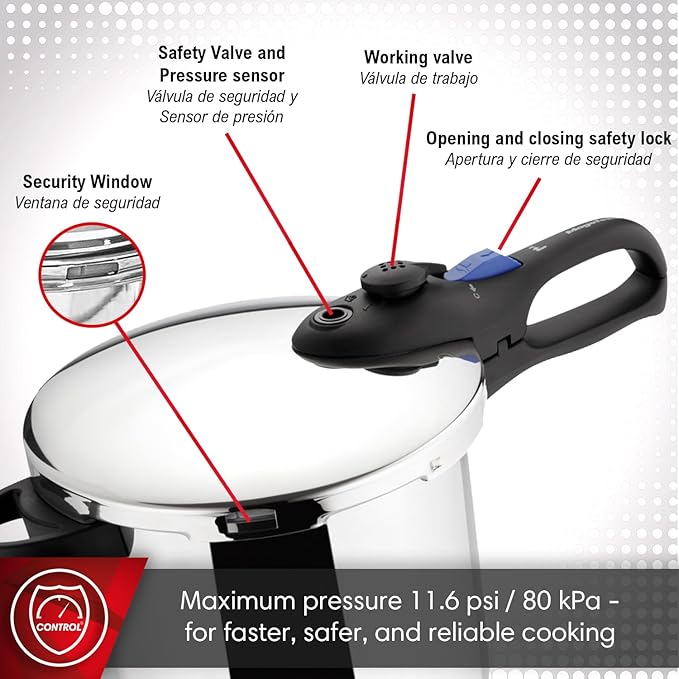 MAGEFESA Favorit 6.3 Qt Pressure Cooker – Easy-to-Use Fast Cooking Pot, 18/10 Stainless Steel, Induction Compatible, Even Heat Distribution, Works on All Stovetops