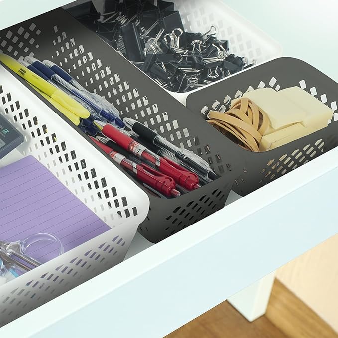 Glad Plastic Storage Basket Set - Multipurpose Drawer Trays, Kitchen Pantry Containers, and Bathroom Bins - 6 Pack Narrow Organizers, Grey