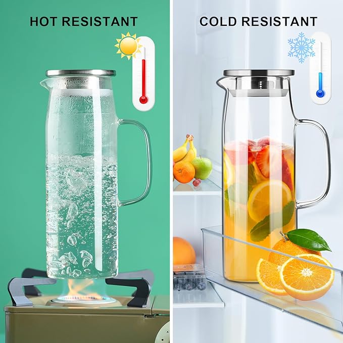 PARACITY Glass Pitcher with Lid and Spout 50oz/ 1.5L, Hot/Cold Water Pitcher, Iced Tea Pitcher for the Shelf of Fridge, Easy to Clean, High Borosilicate Glass Pitcher for Lemonde, Juice and Milk