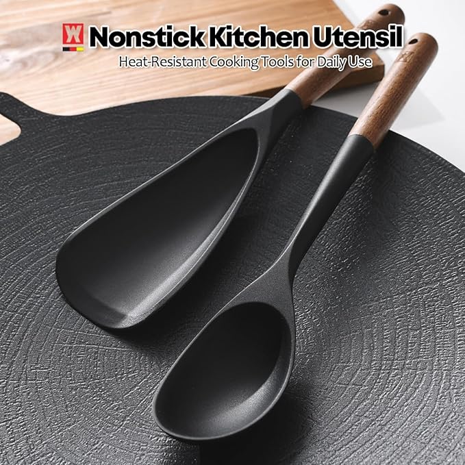 Silicone Cooking & Serving Spoon: Multi-Purpose Cooking Tool for Basting Serving Scooping Scraping Mixing Basting, Non-stick Cookware Safe, Wooden Handle Design