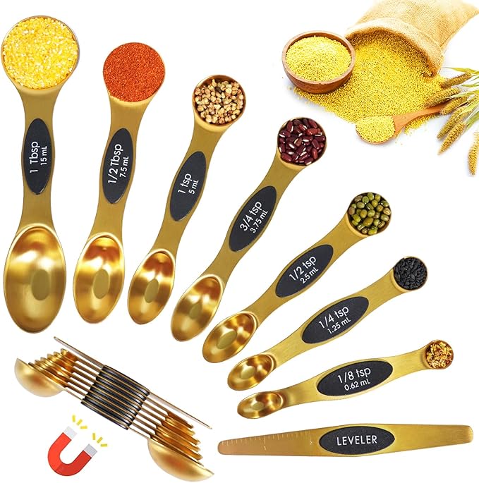 18 Pieces Measuring Cups and Spoons set, Includes 10 Stackable Measuring Cup with Lid and 8 Magnetic Measuring Spoons, for Liquid and Dry Ingredient, BPA Free (Golden)