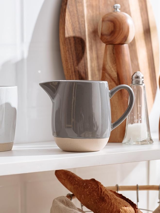 famiware Milkyway 13oz Creamer with Handle, Ceramic Coffee/Milk/Sauce/Serving/Salad Pitcher Jug, Stoneware Maple/Syrup Dispenser, Milk Frother Cup, Microwave and Dishwasher Safe, Dark Gray