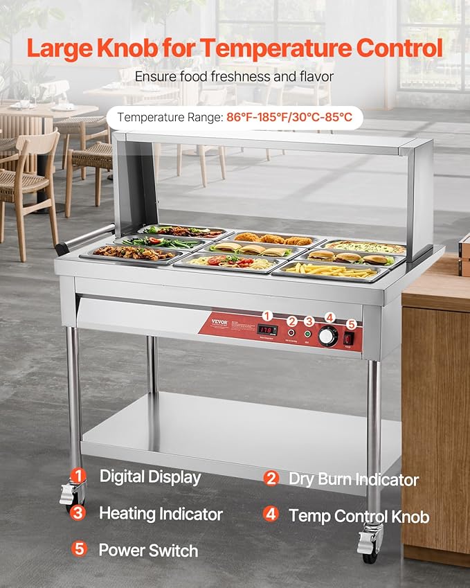 VEVOR 9-Pan Commercial Food Warmer, 9 x 1/3 Pans Electric Steam Table, 1500W Professional Buffet Catering Food Warmer with Shield Undershelf Wheels, Stainless Steel Server for Party Restaurant