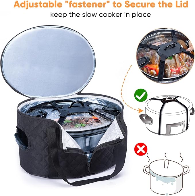 BAGSPRITE Double-layer Slow Cooker Carrying Case Compatible with 6-8 Quart Crockpot Carrier for Hot Food and Hamlton Beach Slow Cooker Tote with Lid Fastener for Crock-pot Dust Cover Applicances