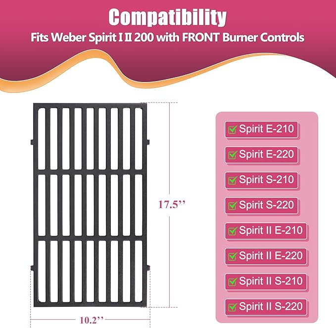 17.5 Inches Cast Iron Grill Grates Replacement 7637 for Weber Spirit I II 200 Series, Spirit E210 E220 S210 S220 Gas Grills (with Front Control Knobs), Grill Grates Parts for Weber Spirit 200