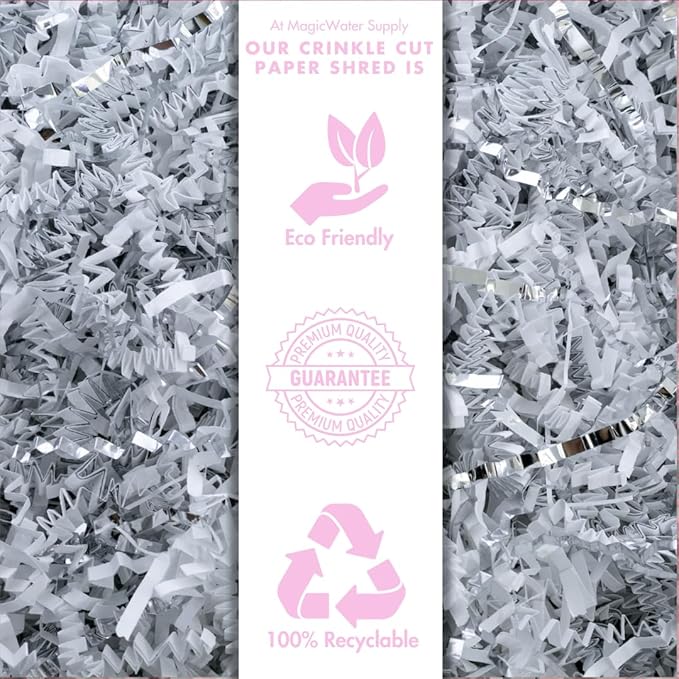 MagicWater Crinkle Cut Paper for Gift Baskets - 2LB - White & Silver - Perfect for Shredded Paper Filler, Basket Filler, Gift Boxes, Bridesmaid Gifts, Halloween Stuffers & More – for All Occasions