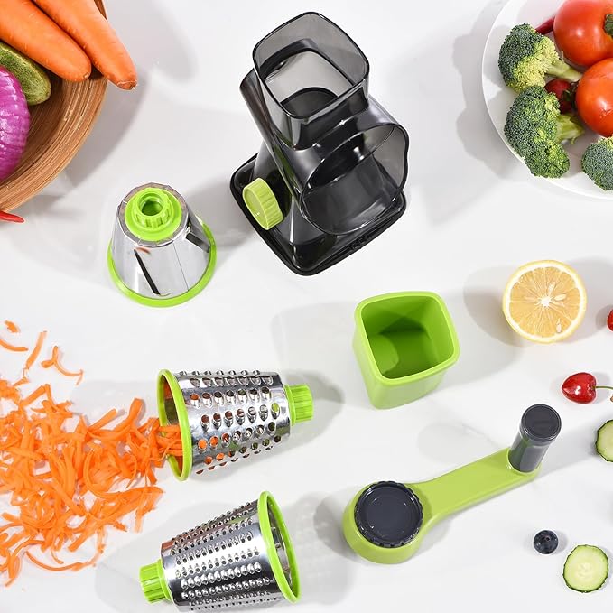 Rotary Cheese Grater Hand Crank Cheese Shredder Vegetable Mandoline Slicer for Kitchen 3 in 1 Changeable Blades for Cheese Potato Nuts Chocolate Ice (Green TSP)