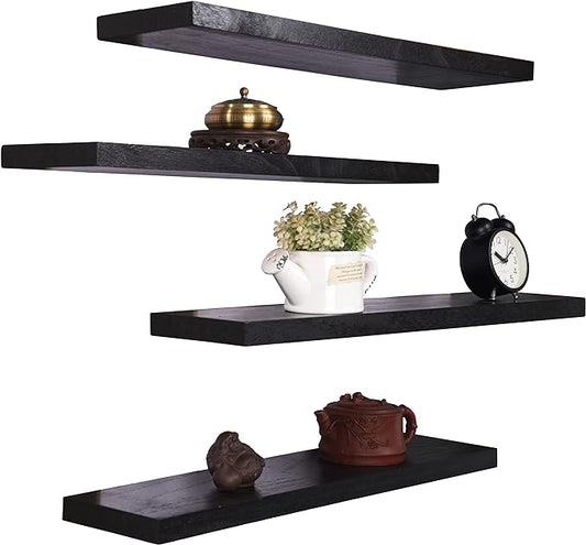 Wood Floating Shelves for Wall, Wooden Wall Shelves for Bedroom, Wall Mounted Shelves for Living Room, Set of 4 Black 24 Inch