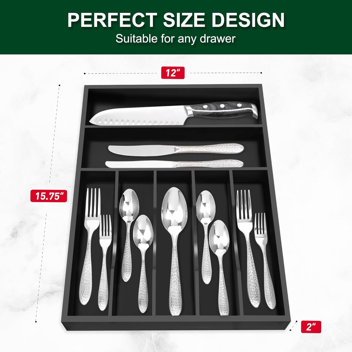 Bellsal Black Utensil Organizer 12.5 Inch Silverware Tray for Drawer Utensil Holder Cutlery Organizer Kitchen Drawer Organizer 7 Compartment Small Narrow Bamboo