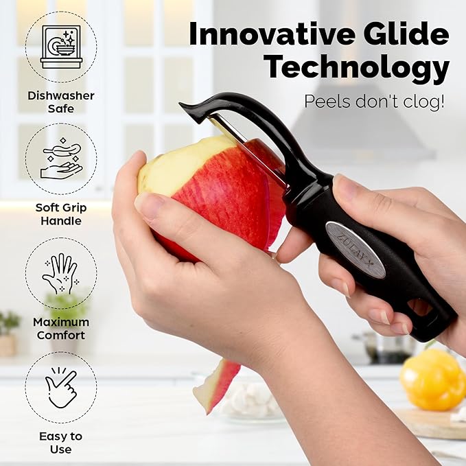 Zulay Kitchen Premium Vegetable Peeler for Kitchen - Swivel Peeler with Razor Sharp Stainless Steel Blades & Strong Ergonomic Handle - Dishwasher Safe, Easy To Use with Blemish Remover - Black