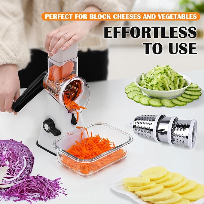 Rotary Cheese Grater Hand Crank, 3 in 1 Blades Vegetable Slicer Cheese Shredder for Vegetable, Nuts, Chocolate, Potato, Practical Kitchen Gadgets