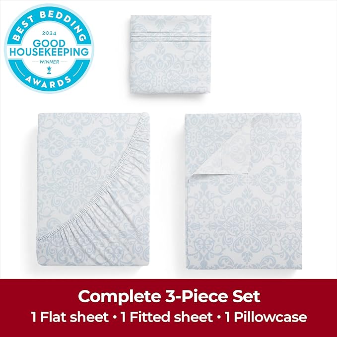 Mellanni Twin Sheets Set - 3 PC Iconic Collection Bedding - Hotel Luxury, Extra Soft, Cooling Bed Sheets - Wrinkle, Fade, Stain Resistant (Twin, Laced Sky Blue)