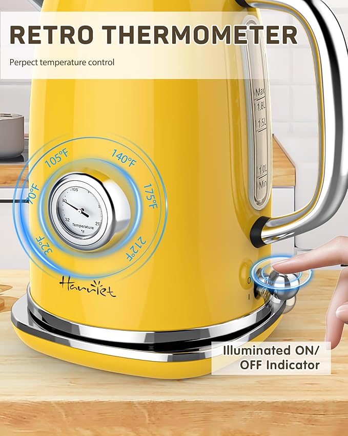 Harriet Electric Kettle, 1.8L Retro Electric Tea Kettle with Thermometer, 1500W Stainless Steel Hot Water Kettle Electric with LED Indicator, Fast Boiling, Cordless, Auto Shut-Off, Yellow