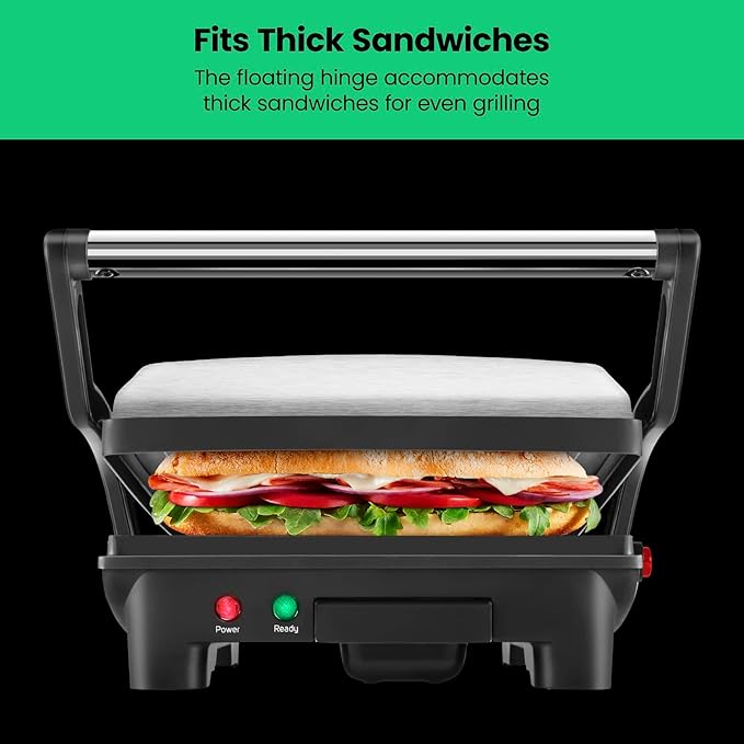 Chefman Panini Press Grill and Gourmet Sandwich Maker Non-Stick Coated Plates, Opens 180 Degrees to Fit Any Type or Size of Food, Stainless Steel Surface and Removable Drip Tray, 4 Slice, Black