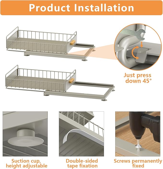 Under Sink Organizer, Single Tier Metal Pull Out Sliding Drawer Shelf for Kitchen Bathroom Cabinet Storage, Sturdy Rack – Gray