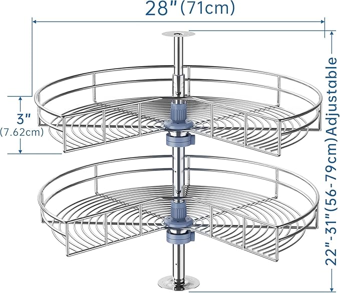 28" Corner Cabinet Lazy Susan Turntable, 270° Adjustable Height Chrome Replacement Shelves for Kitchen Corner Cabinet