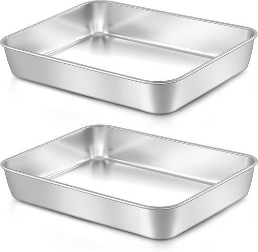 LIANYU Baking Pan Set of 2, 12⅓ x 9¾ x 2 Inch Cake Lasagna Brownies Casseroles Pan, Rectangle Stainless Steel Bakeware Set for Baking Roasting Toaster Oven, Dishwasher Safe