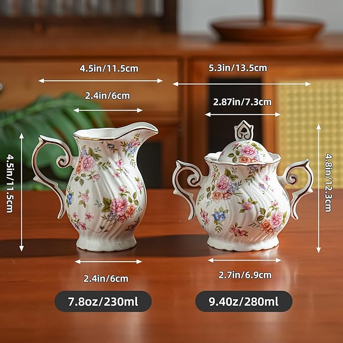 Sugar and Creamer Set Ceramic, Creamer Pitcher and Sugar Bowl with Lid, Creamer Pitcher with Handle,Sugar Cube Dish Coffee or Tea (White with small flowers)