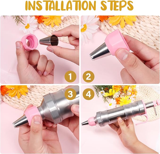 Dualshine Pink Cake Decorating Kit - 6 Russian Piping Icing Nozzles, 3 Cream Scrapers, Stainless Steel Cupcake Frosting Filling Injector