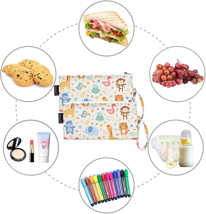 Reusable Sandwich Bag/Snack Bag for Kids & Adults, Dual Layer Lunch Bag with Handle, Washable, Food Safe, BPA Free (2-Pack, Zoo)