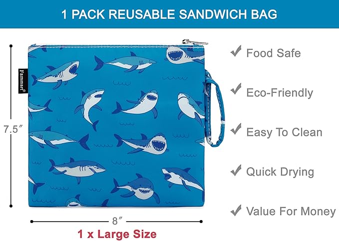 Reusable Sandwich Bag/Snack Bag for Kids & Adults, Dual Layer Lunch Bag with Handle, Cosmetic Bag Makeup Travel Bag for Women Girls, Washable, Food Safe, BPA Free (1-Pack, Shark)