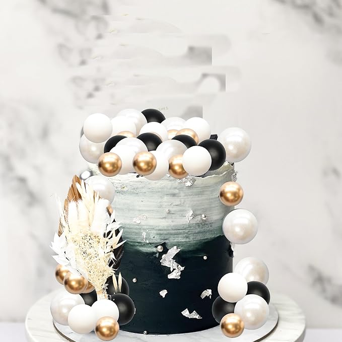 Gyufise 21 Pack Flower Boho Cake Topper Ball Cake Decorations Palm Leaves Plants Cake Decor for Girl Bohemian Princess Theme Wedding Baby Shower Birthday Party Supplies White Gold