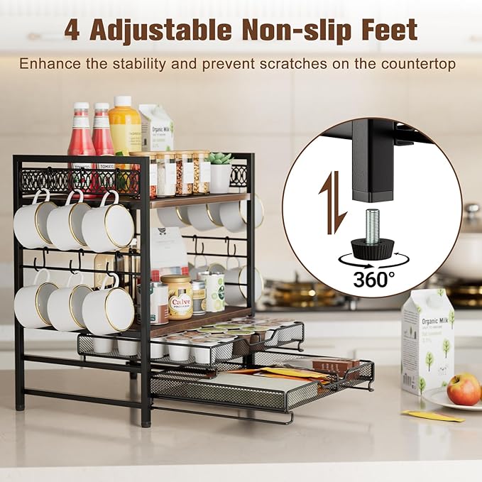Coffee Bar Organizer, 4 Tier Coffee Station Organizer for Countertop, 30 K Cup Pod Drawer, Mug Cup Holder Stand with 12 Hooks, Multifunctional K Pods Shelf Storage Holder Drawer