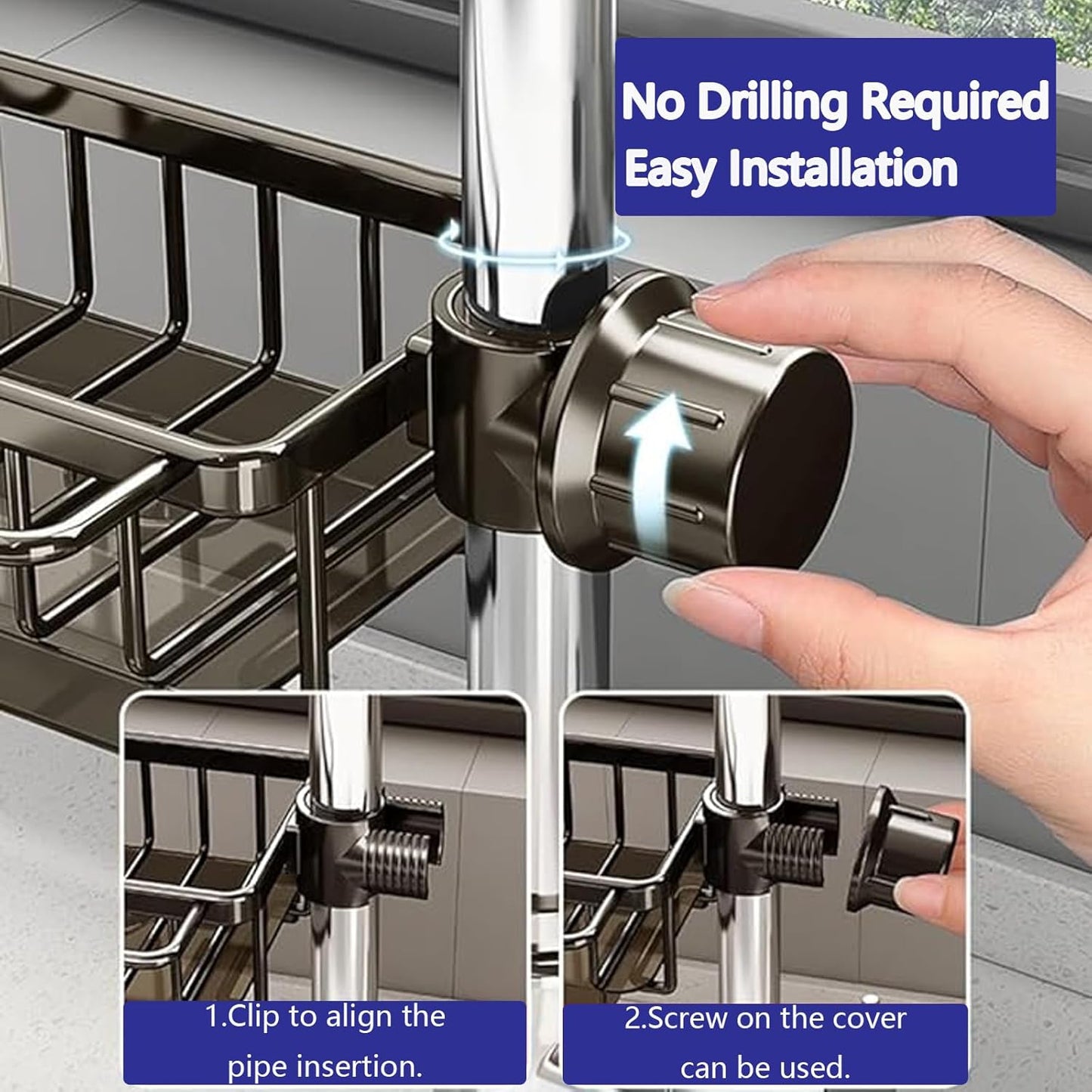 Kitchen Sink Faucet Organizer Multifunction Sponge Holder Organizer Sink Drain Holder Over Faucet Kitchen Sink Caddy with Hook Adjustable for 0.7-1.1inch Round Water Pipe (Silver, B)