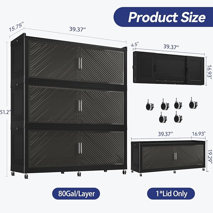 240GAL Extra Large Stackable Storage Bins with Lid, 960QT Plastic Storage Bins with 6x Wheels, Collapsible Closet Organizer and Storage Drawer Cabinet for Living Room Office Dorm, 3Pack Black