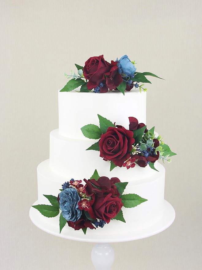 Rinlong 3Pcs Pre-made Cake Toppers - Flowers for Christmas, Wedding, Baptism - Burgundy, Navy Xmas Cake Decorations