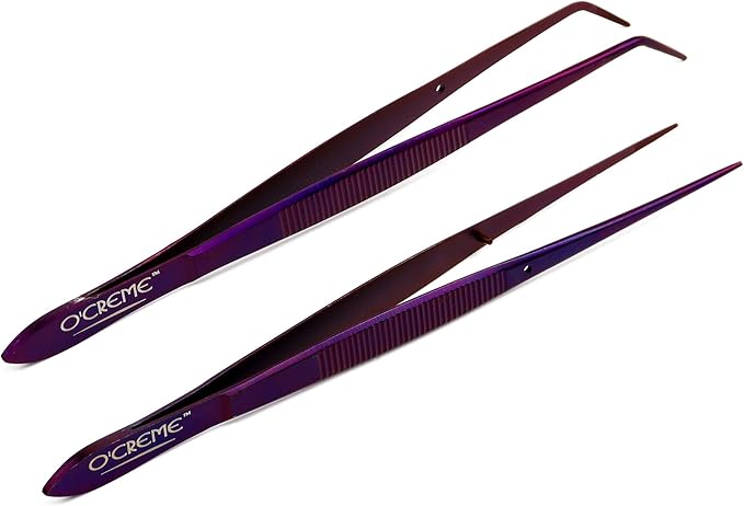 O'Creme Purple Stainless Steel Precision Kitchen Culinary Fine-Tip Tweezer Tongs, 1 Curved and 1 Straight