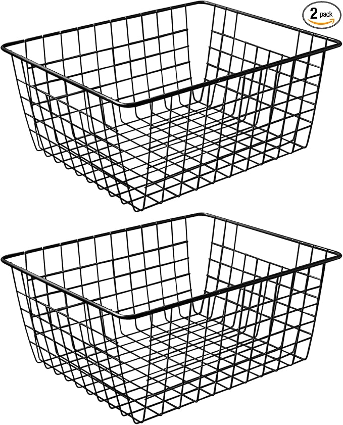 14" Upright Freezer Storage Baskets, Black Wire Storage Bins Large Bakset for Freezer, Pantry, Bathroom Organizing, Set of 2