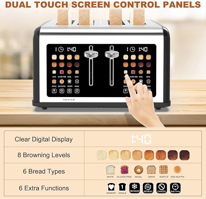 4 Slice Toaster Touch Screen, Stainless Steel Toasters Digital Timer, Dual Control Panel Toasters, 8 Shade Settings 6 Bread Types for Bagel, Cancel, Defrost 1650W Black