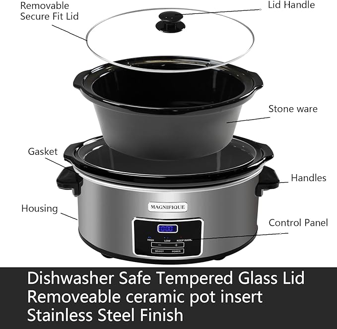 Magnifique 8-Quart Digital Programmable Slow Cooker with Timer - Small Kitchen Appliance for Family Dinners - Serves 10+ People - Heat Settings: Keep Warm, Low and High