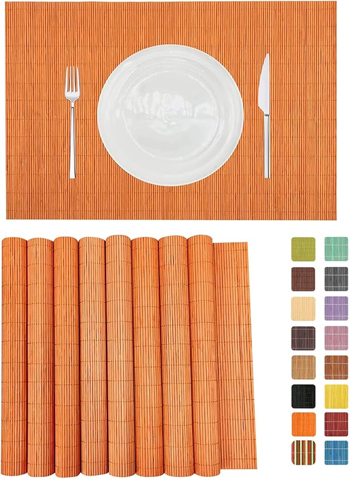 ANDSTAR Non-Slip Waterproof Placemats Set of 6 - Reusable Wipeable Table Mats for Dining Table, Kitchen, Outdoor Picnic, 12x18 Inch PVC Backed Heat Resistant Place Mats Dishwasher Safe（Orange）